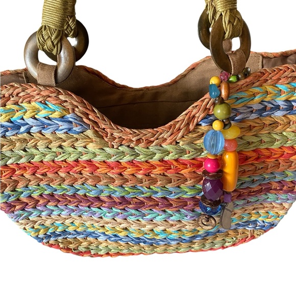 Cappelli Straw Tote Purse Handbag Colorful Fob EUC Medium - Picture 1 of 13